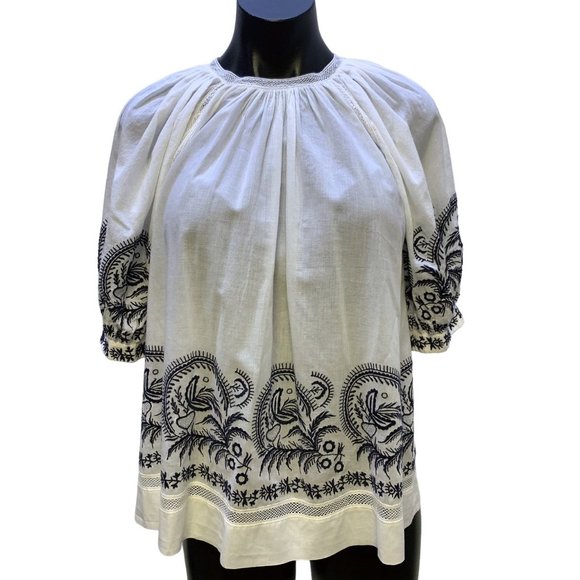 Ulla Johnson Tops - *Ulla Johnson White & Navy Cotton Embroidered Blouse Size 8